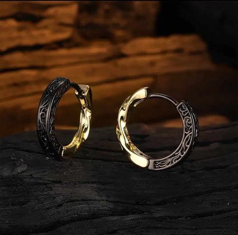 Uniquely Crafted Retro Tang Grass Grain Sense Textured Black Gold High-End Men & Women Hoop Earrings